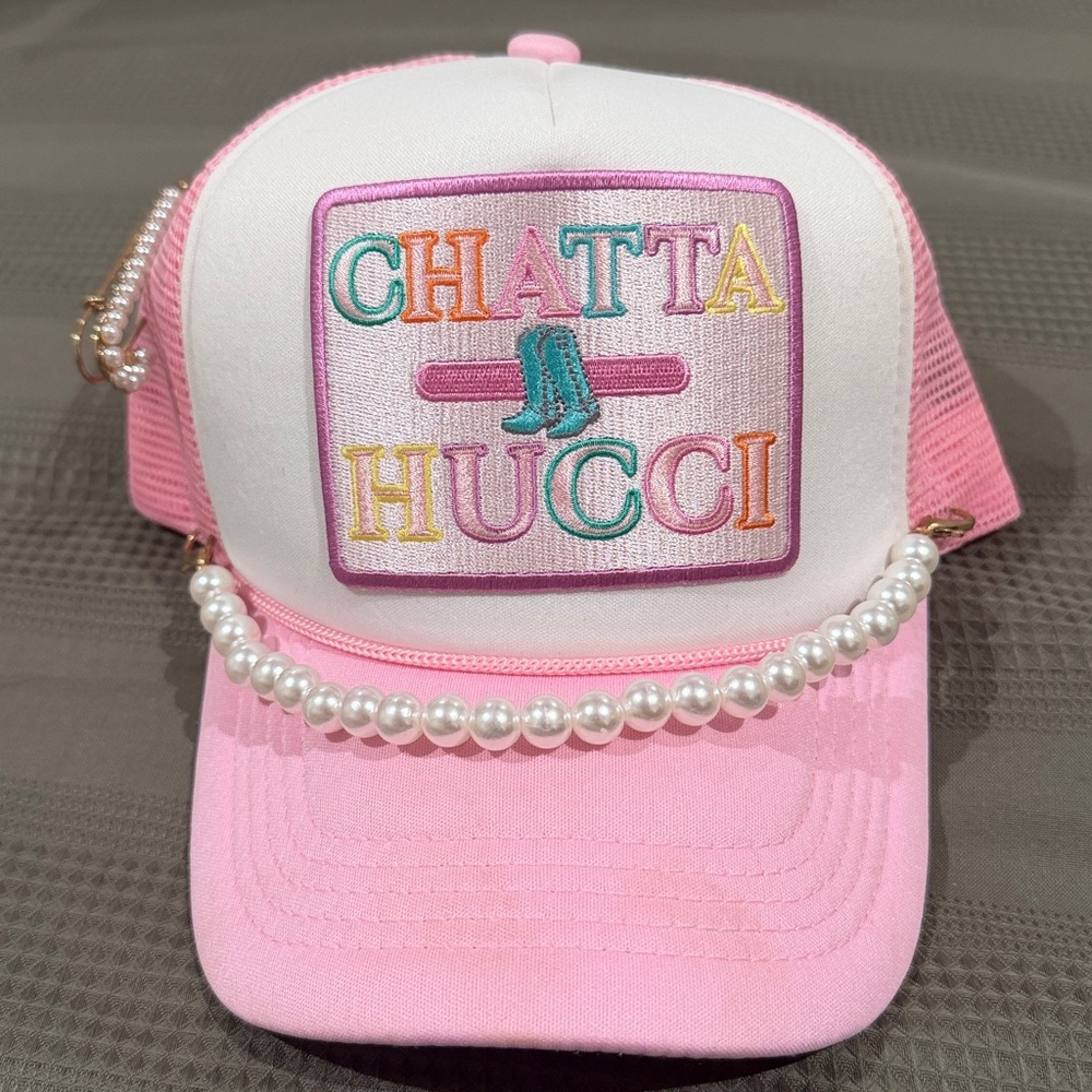 Pink & white chatta hucci trucker hat with pearl details